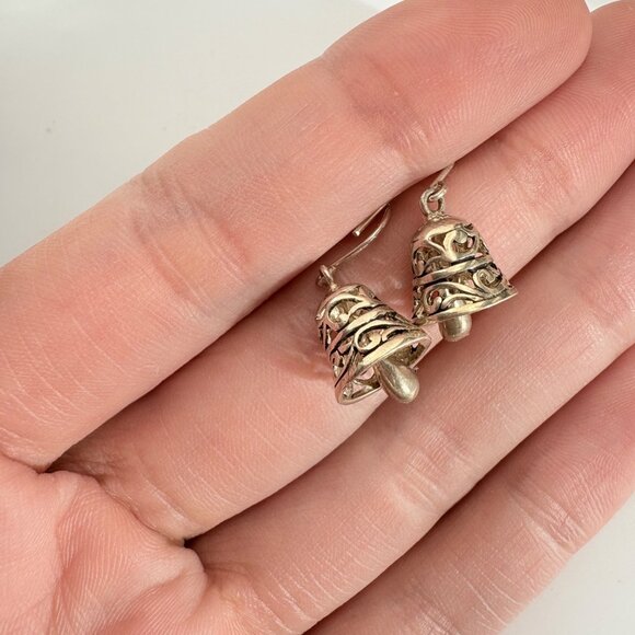 VTG Sterling Silver 925 Scroll Design Bell Dangle Earrings Size 0.75" Length - Picture 7 of 9